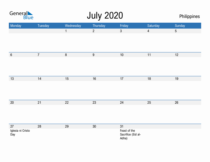 Fillable July 2020 Calendar