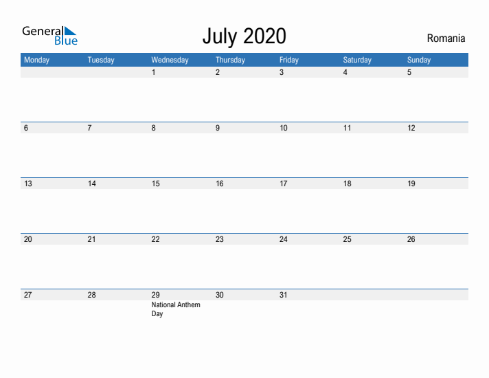 Fillable July 2020 Calendar