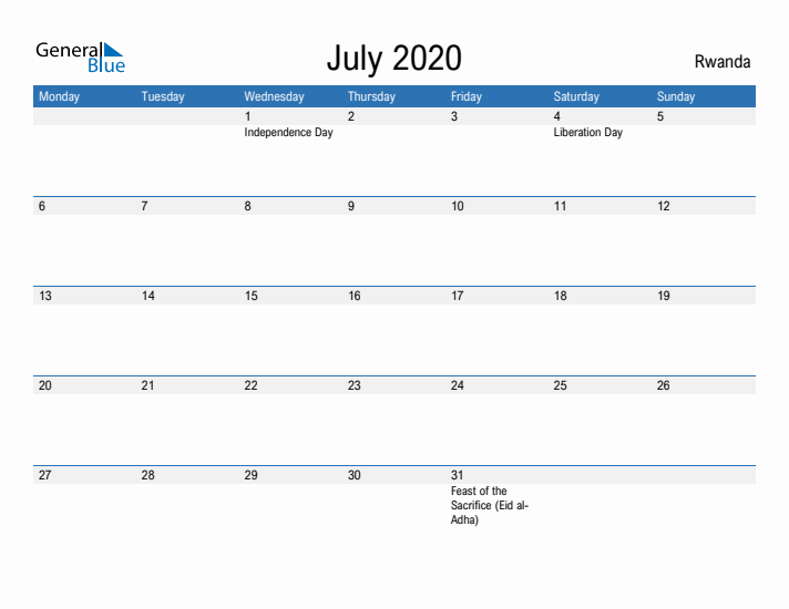 Fillable July 2020 Calendar