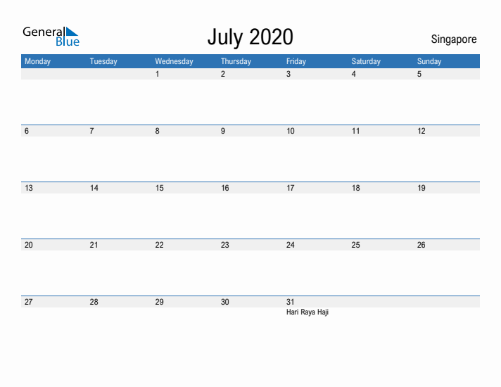 Fillable July 2020 Calendar