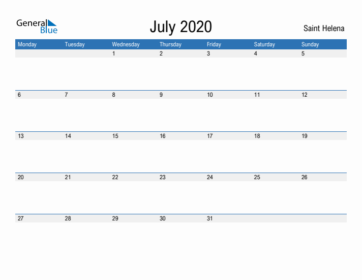 Fillable July 2020 Calendar