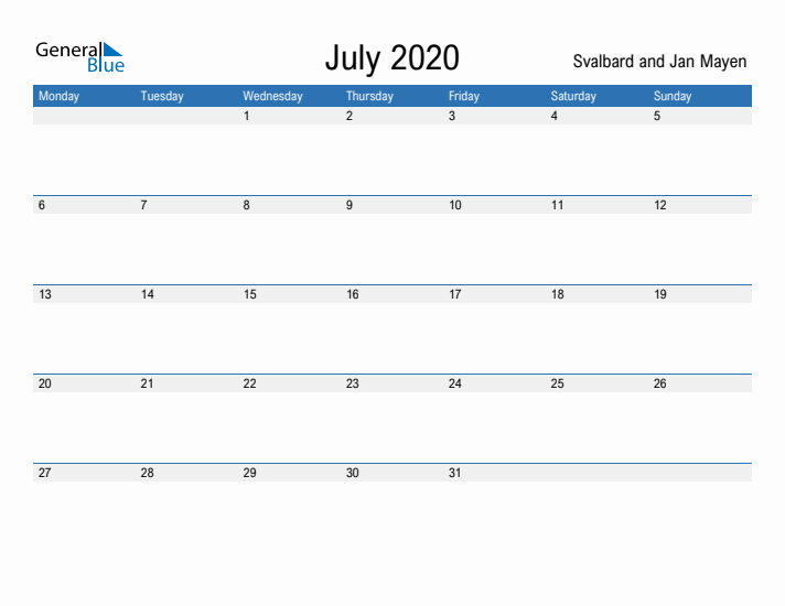 Fillable July 2020 Calendar