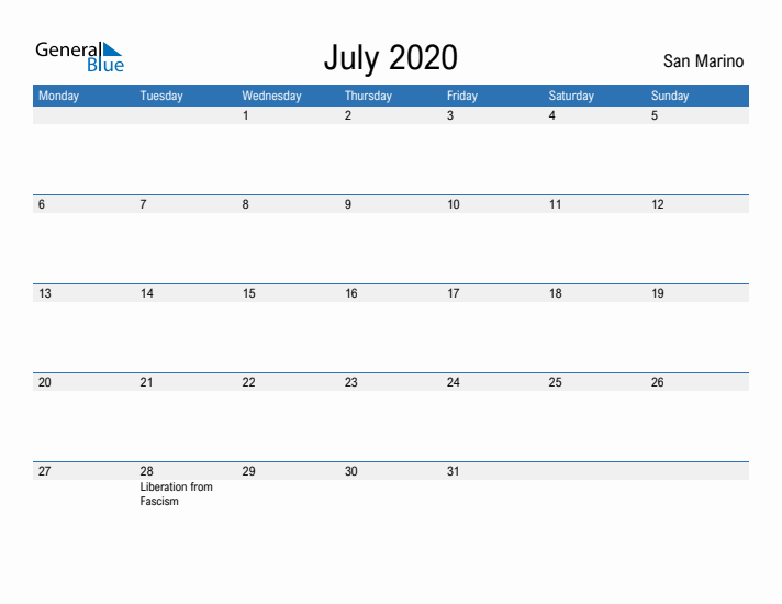 Fillable July 2020 Calendar