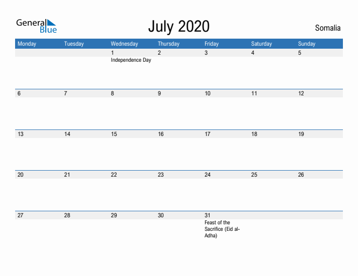 Fillable July 2020 Calendar