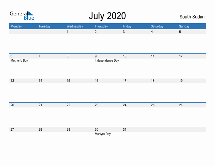 Fillable July 2020 Calendar