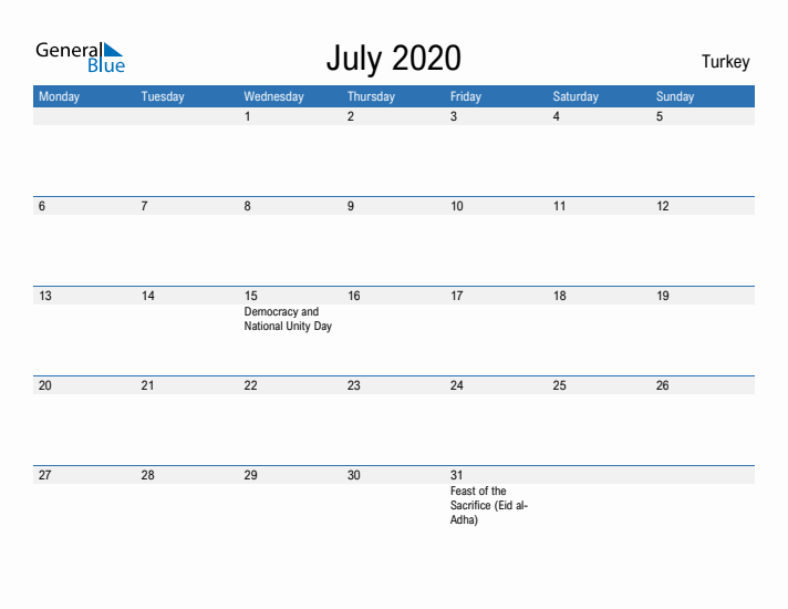 Fillable July 2020 Calendar