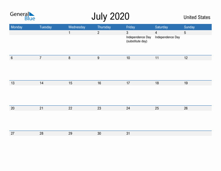 Fillable July 2020 Calendar