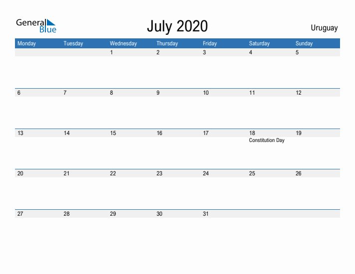 Fillable July 2020 Calendar