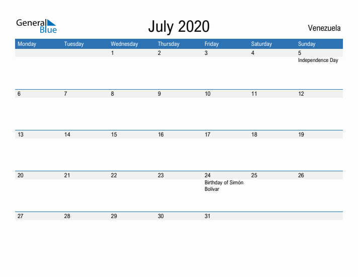 Fillable July 2020 Calendar