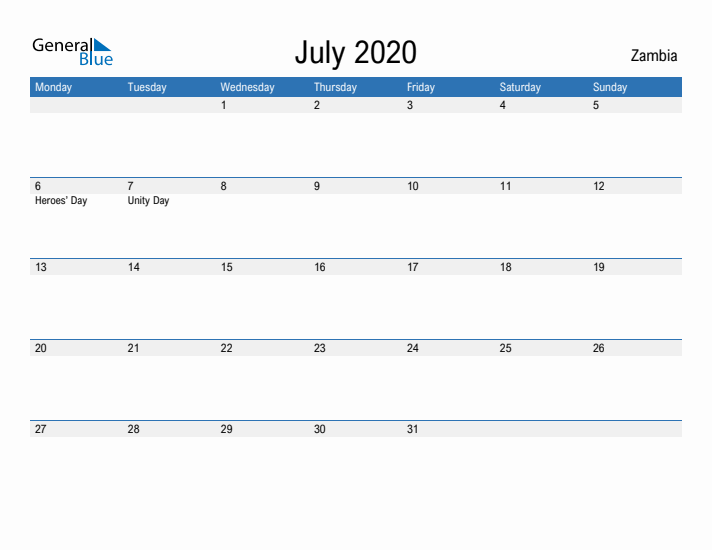 Fillable July 2020 Calendar