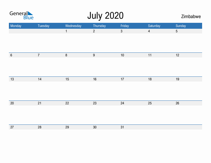 Fillable July 2020 Calendar