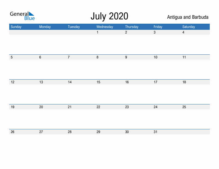 Fillable July 2020 Calendar