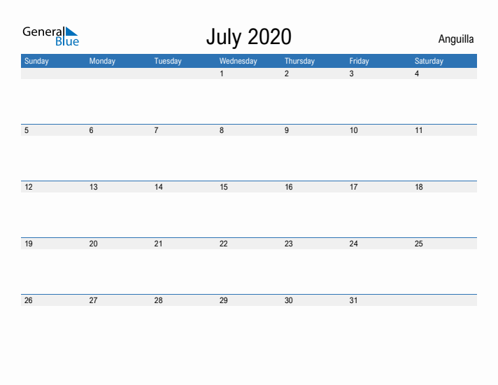 Fillable July 2020 Calendar