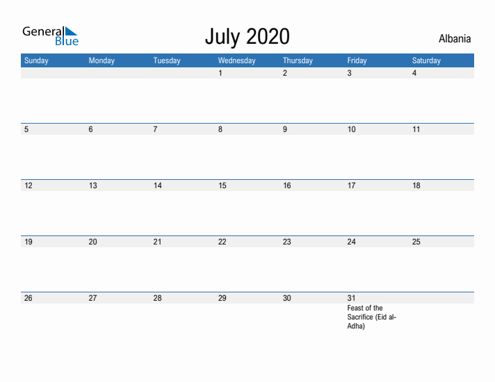 Fillable July 2020 Calendar