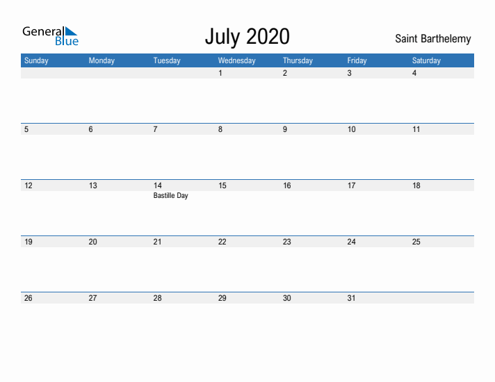 Fillable July 2020 Calendar