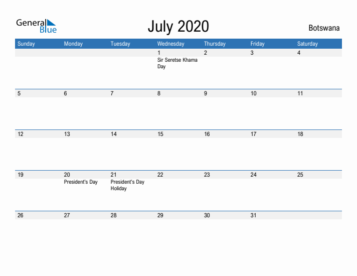 Fillable July 2020 Calendar