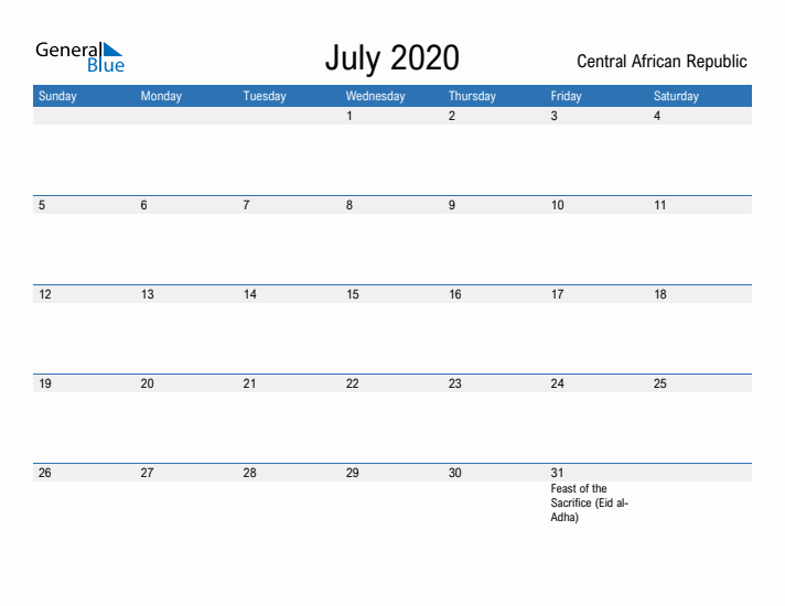 Fillable July 2020 Calendar