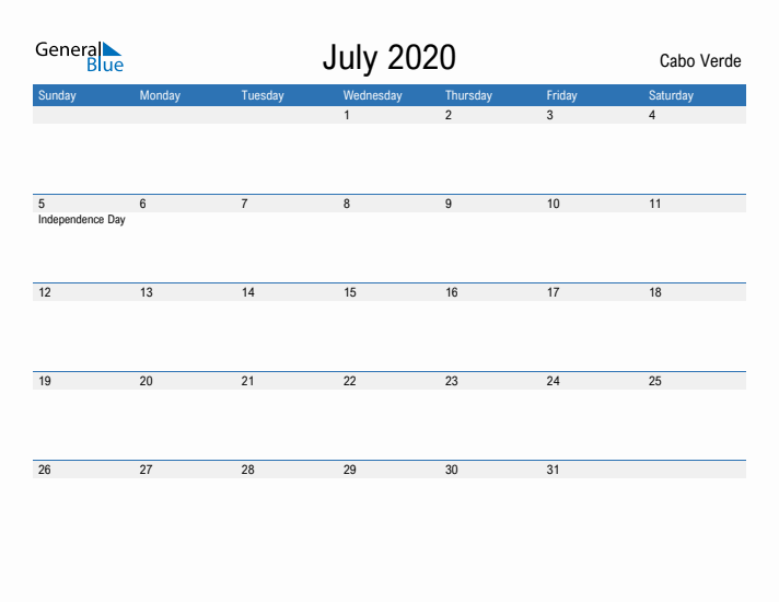 Fillable July 2020 Calendar