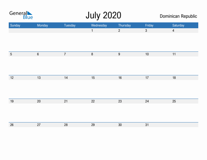 Fillable July 2020 Calendar