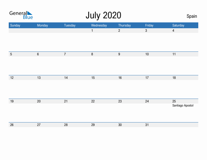 Fillable July 2020 Calendar