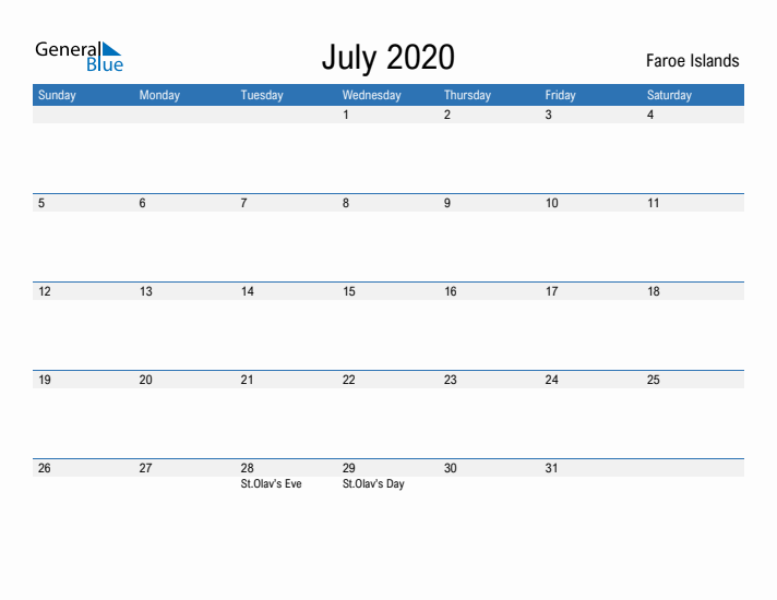 Fillable July 2020 Calendar