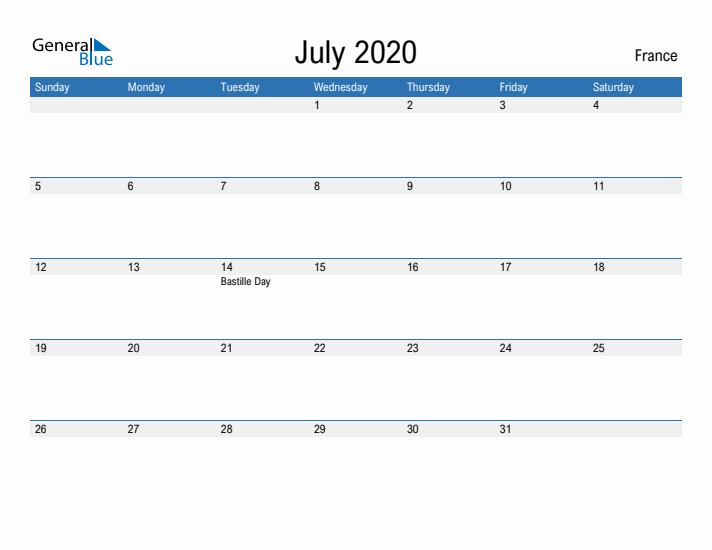 Fillable July 2020 Calendar