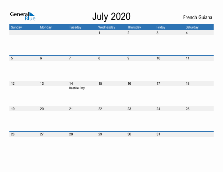 Fillable July 2020 Calendar