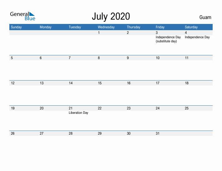 Fillable July 2020 Calendar