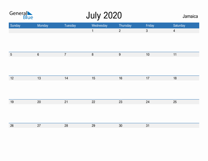 Fillable July 2020 Calendar