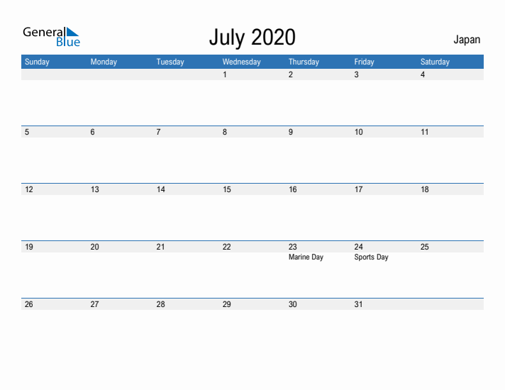 Fillable July 2020 Calendar