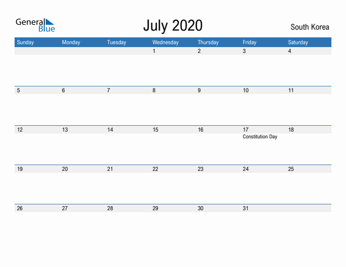 Fillable July 2020 Calendar