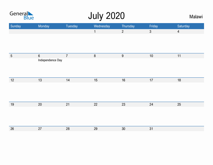 Fillable July 2020 Calendar