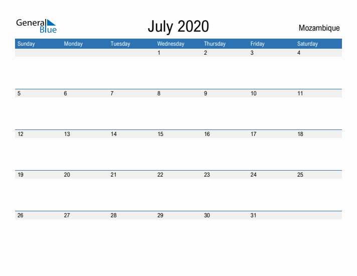 Fillable July 2020 Calendar