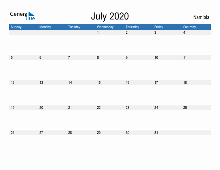 Fillable July 2020 Calendar