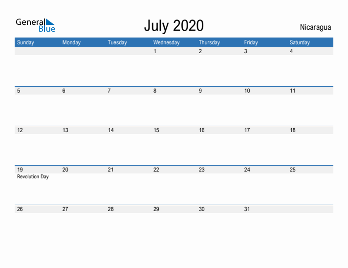 Fillable July 2020 Calendar