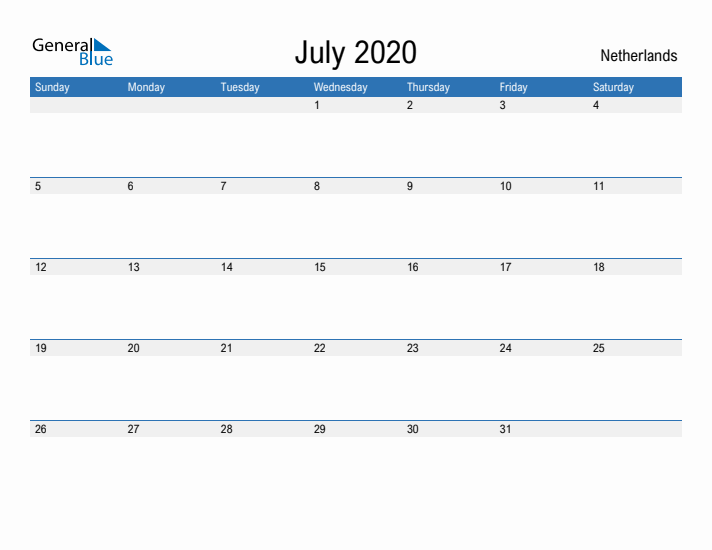 Fillable July 2020 Calendar