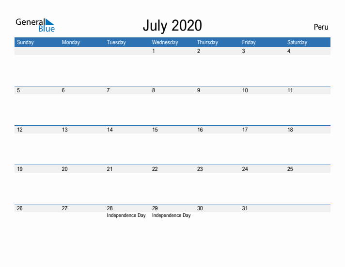 Fillable July 2020 Calendar