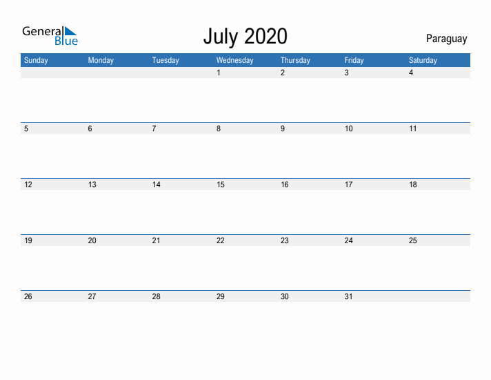 Fillable July 2020 Calendar