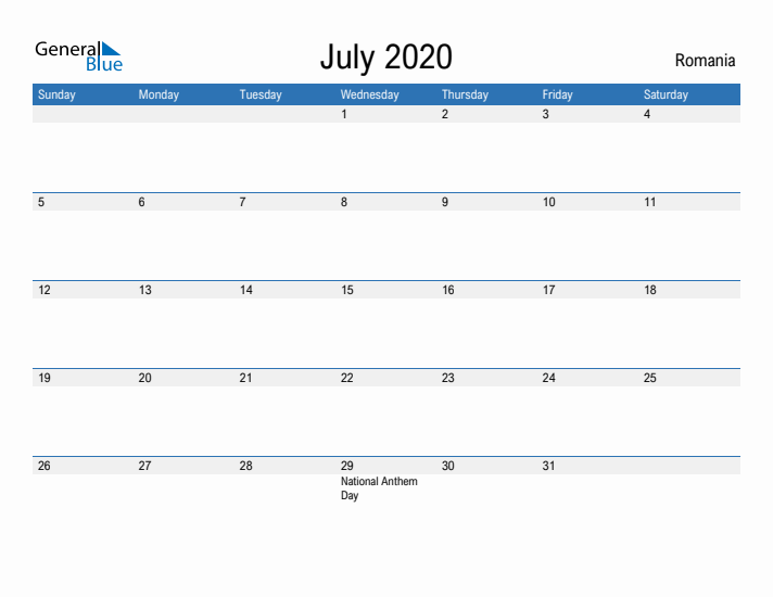 Fillable July 2020 Calendar