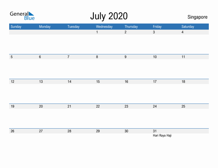 Fillable July 2020 Calendar