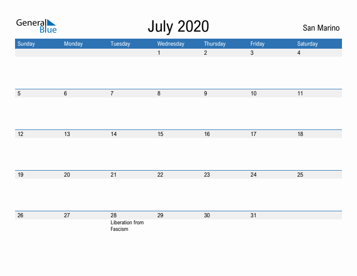 Fillable July 2020 Calendar