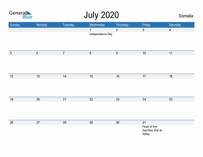 Fillable July 2020 Calendar