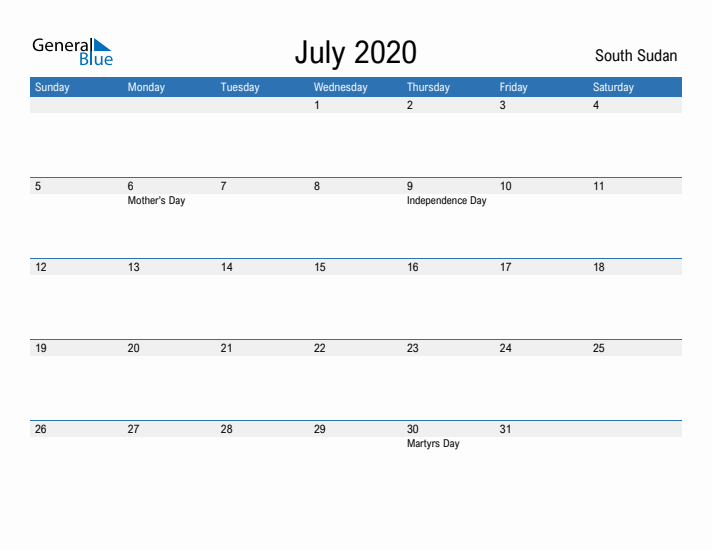 Fillable July 2020 Calendar