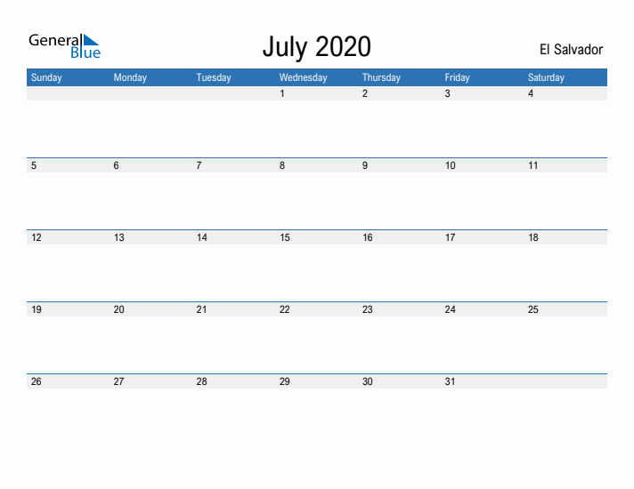 Fillable July 2020 Calendar