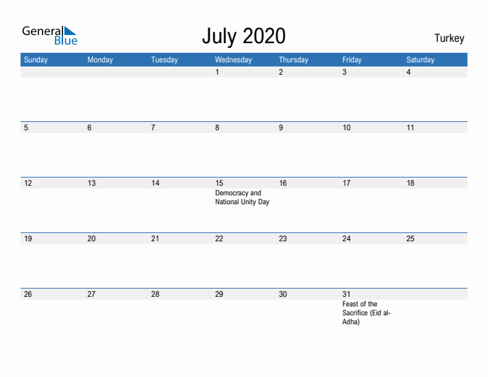 Fillable July 2020 Calendar