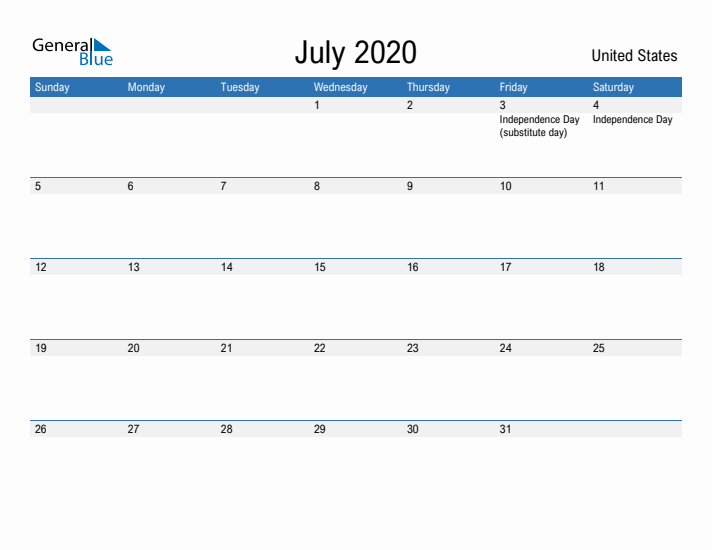 Fillable July 2020 Calendar