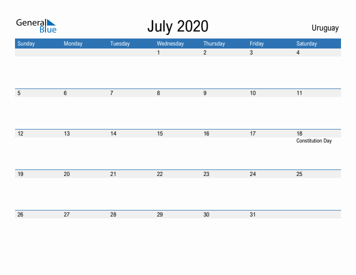 Fillable July 2020 Calendar