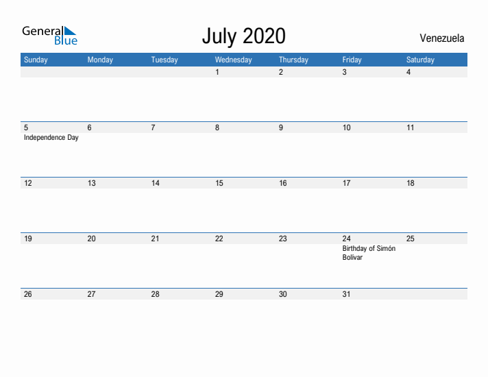 Fillable July 2020 Calendar