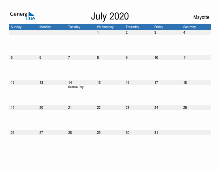 Fillable July 2020 Calendar