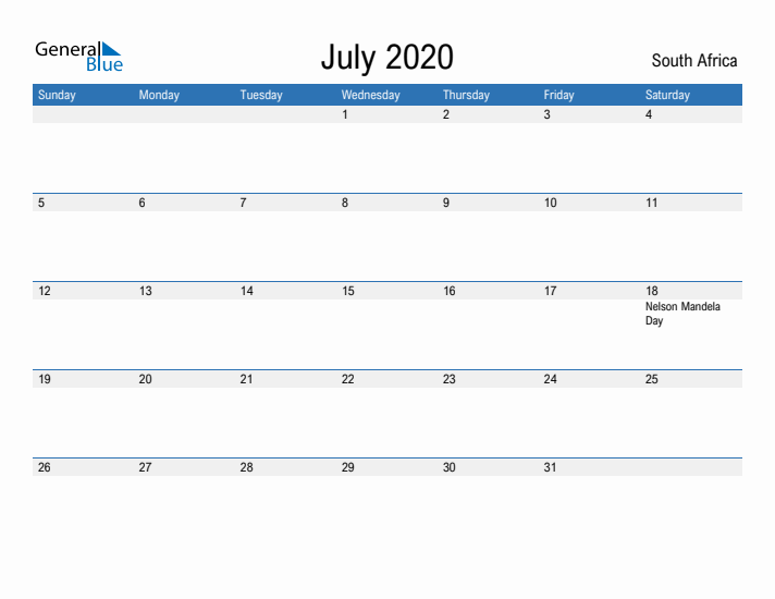 Fillable July 2020 Calendar